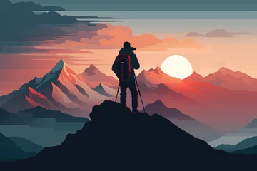Deurstickers Illustration of photographer capturing a sunrise over a mountain. © VisualWeave