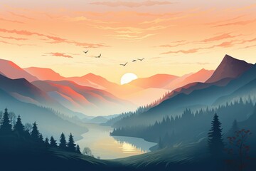Illustration of sunrise over a misty mountain valley.