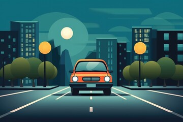 Illustration of car on a road at night in flat design.