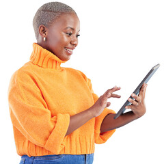 Woman, scroll and smile with tablet for social media update, search internet and download ebook...