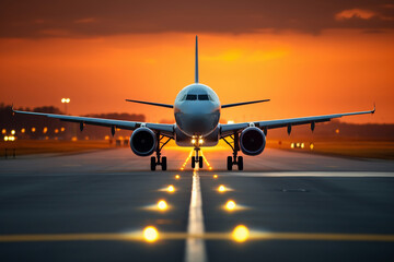 Passenger airplane taking off the runway in sunset light, view from the front, ai generated