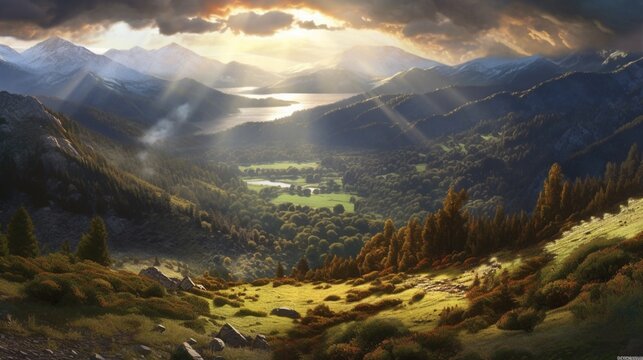 Beautiful mountains sky trees sunset sunrise wallpaper image AI generated art