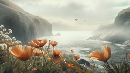 Beautiful orange poppy flowers bank the river plant drawing image AI generated art - obrazy, fototapety, plakaty