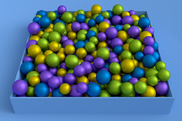 Pile of multicolor fitness ball or fitball falling on blue background