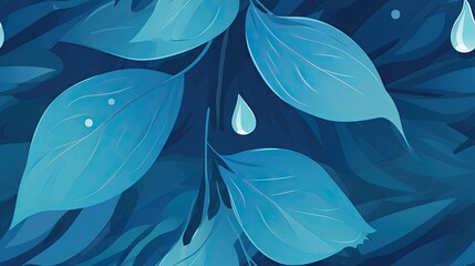  a painting of blue leaves and drops of water on a dark blue background with green leaves and drops of water on the bottom of the leaves.  generative ai