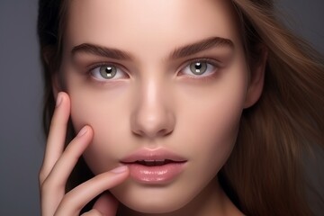 Close-up of beautiful woman's face with flawless makeup and smooth skin.