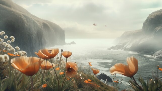 Beautiful orange poppy flowers bank the river plant drawing image AI generated art