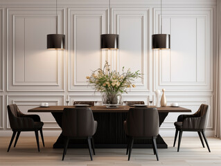 Elegant dining room with large table and hanging lamps