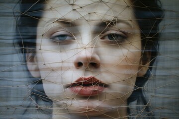 the girl's face behind the net. art. concert of silence, struggle for human rights and justice - obrazy, fototapety, plakaty