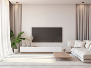 Cozy modern and minimalist living room with curtains and plants