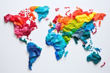 flatley world map made of colored plastic. waste recycling and ecology concept