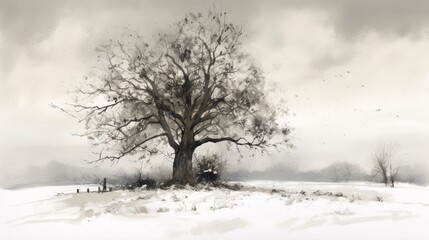 Fototapeta na wymiar Beautiful painting singletree snow covered field Ai generated art