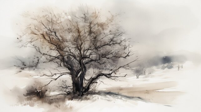 Beautiful painting singletree snow covered field Ai generated art
