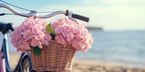 A romantic photo of hydrangeas in a wicker bicycle basket on the ocean. Generative AI