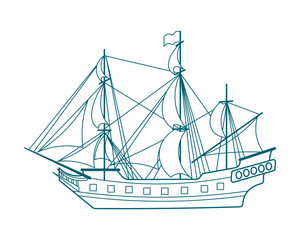 Blue line drawing of sea ship, frigate, caravel. Detail drawing, illustration, vector
