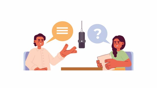 Female podcast host interviewing guest man 2D characters animation. Radio show flat cartoon 4K video, transparent alpha channel. Questions asking podcasters indian animated people on white background