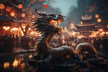 Chinese people are celebrating the New Year with fireworks and dragon dances. AI Generative