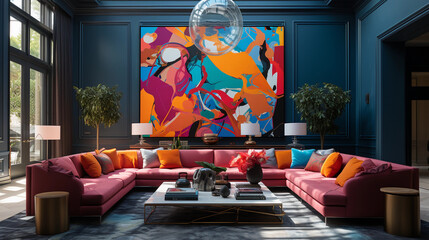 Beautiful living room with a outstanding art on a big wall