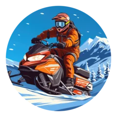 Fotobehang Vector style illustration of a man on a snowmobile in the mountains. Generative Ai © vassileva_t