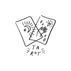 Tarot logo or label, magic cards reader, hand-drawn sketch brush simple minimal print for magical esoteric souvenirs. Witchy female hand drawn magic love fortune spell occultism concept.
