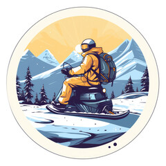 Man on snowmobile in the mountains. Vector style illustration in retro style. Generative Ai