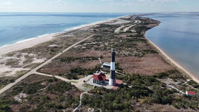Fire Island lighthouse 4K Video via Drone looking West towards Kismet and the Great South Bay