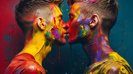 Kiss Between Two Men with Rainbow Face Paint - Celebrating Love and Diversity - obrazy, fototapety, plakaty