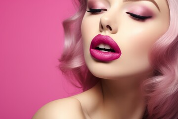 Close-up of woman's lips with pink hair and glamorous makeup.