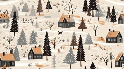 Fotobehang  a winter scene with houses, trees, and a deer in the foreground, and a snow covered hill in the background.  generative ai © Anna