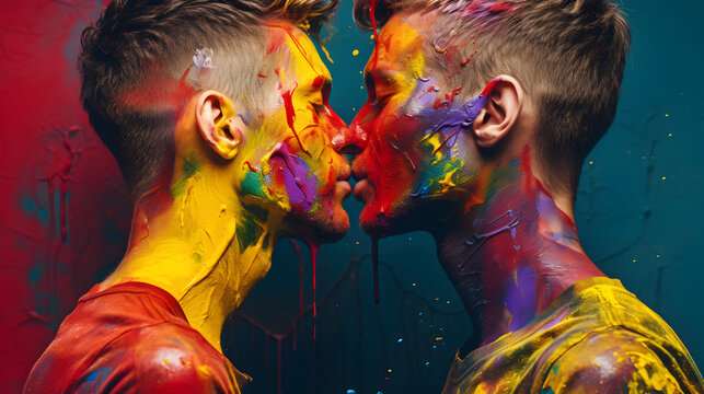 Kiss Between Two Men with Rainbow Face Paint - Celebrating Love and Diversity