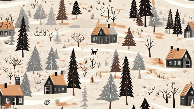  a winter scene with houses, trees, and a deer in the foreground, and a snow covered hill in the background.  generative ai