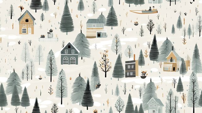  a winter scene with houses, trees, and a snow - covered ground is depicted in a seamless pattern.  generative ai