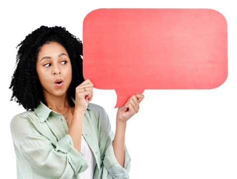 Speech bubble, surprise and woman advertising space of news, social media or promotion isolated on transparent png background. Wow, sale or model with poster of quote, opinion or information about us
