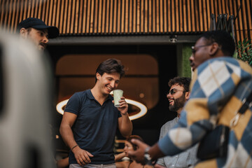 Experienced entrepreneurs discussing business strategies in a modern city center co-work space, aiming for success in the stock market and online business.