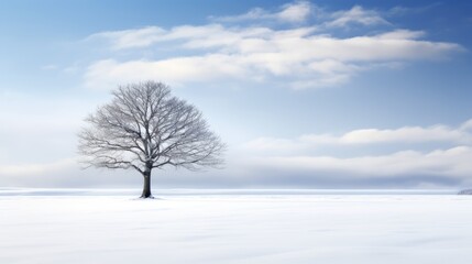 Obraz premium a lone tree stands in the middle of a snow - covered field, with a blue sky in the background. generative ai