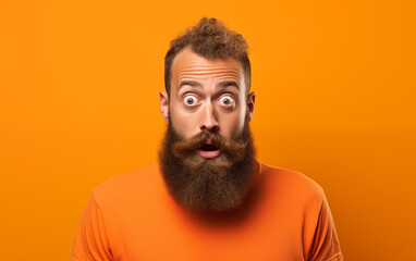 Obraz premium Surprised Bearded Man in Orange Against Orange Background