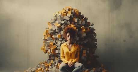 girl with boxes behind her. creative mental health concept. copy space