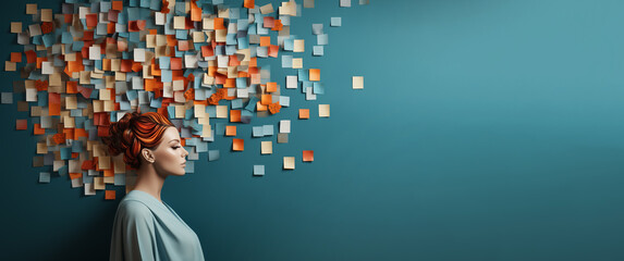 girl against a background of a blue wall with notes and stickers. creative mental health concept. copy space