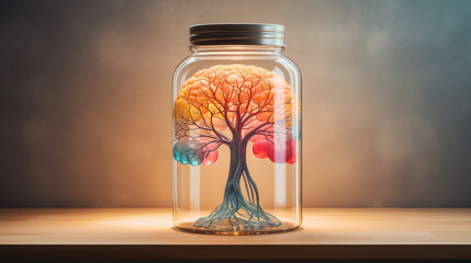 tree - brain in the jar. creative mental health concept. copy space - obrazy, fototapety, plakaty