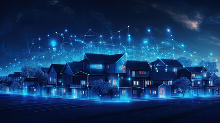 houses in the night futuristic technology web data cyberspace internet connection - by generative ai