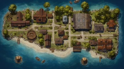 rpg map asset cartography lake fishing village medieval landscape top down view - by generative ai - obrazy, fototapety, plakaty