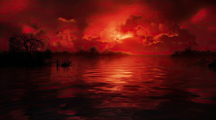 Fototapeta na wymiar sunset over the lake mist fog landscape - by generative ai