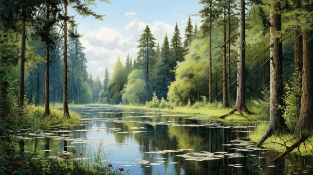  a painting of a forest scene with a pond and lily pads in the foreground and trees in the background.  generative ai