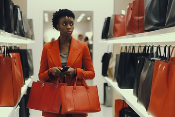 Compulsive woman shopper in a luxury handbag store - obrazy, fototapety, plakaty