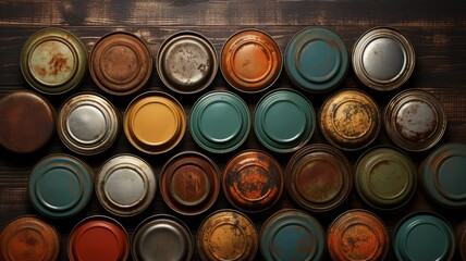 Several old cans stand in front of a wooden background