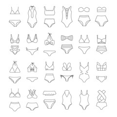 Set of line drawings of women's swimwear, swimsuits bikini on a white background. Women's clothing icons, sketch, vector - obrazy, fototapety, plakaty