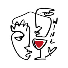 One line minimalistic brush grunge abstract face with wine glass. Vector illustration. Modern contemporary art, trendy continuous drawing. Cubism artistic linear portrait. Simple minimal beauty