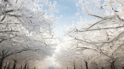  a street with trees covered in ice and snow on both sides of the road and a blue sky in the background.  generative ai