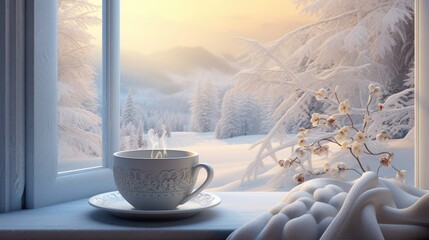  a cup of coffee sitting on top of a window sill next to a window sill covered in snow.  generative ai