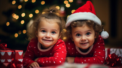Twins in matching outfits, eyes wide with anticipation, peeking under the Christmas tree, joyful child looking for gifts under the tree, blurred background, with copy space - obrazy, fototapety, plakaty